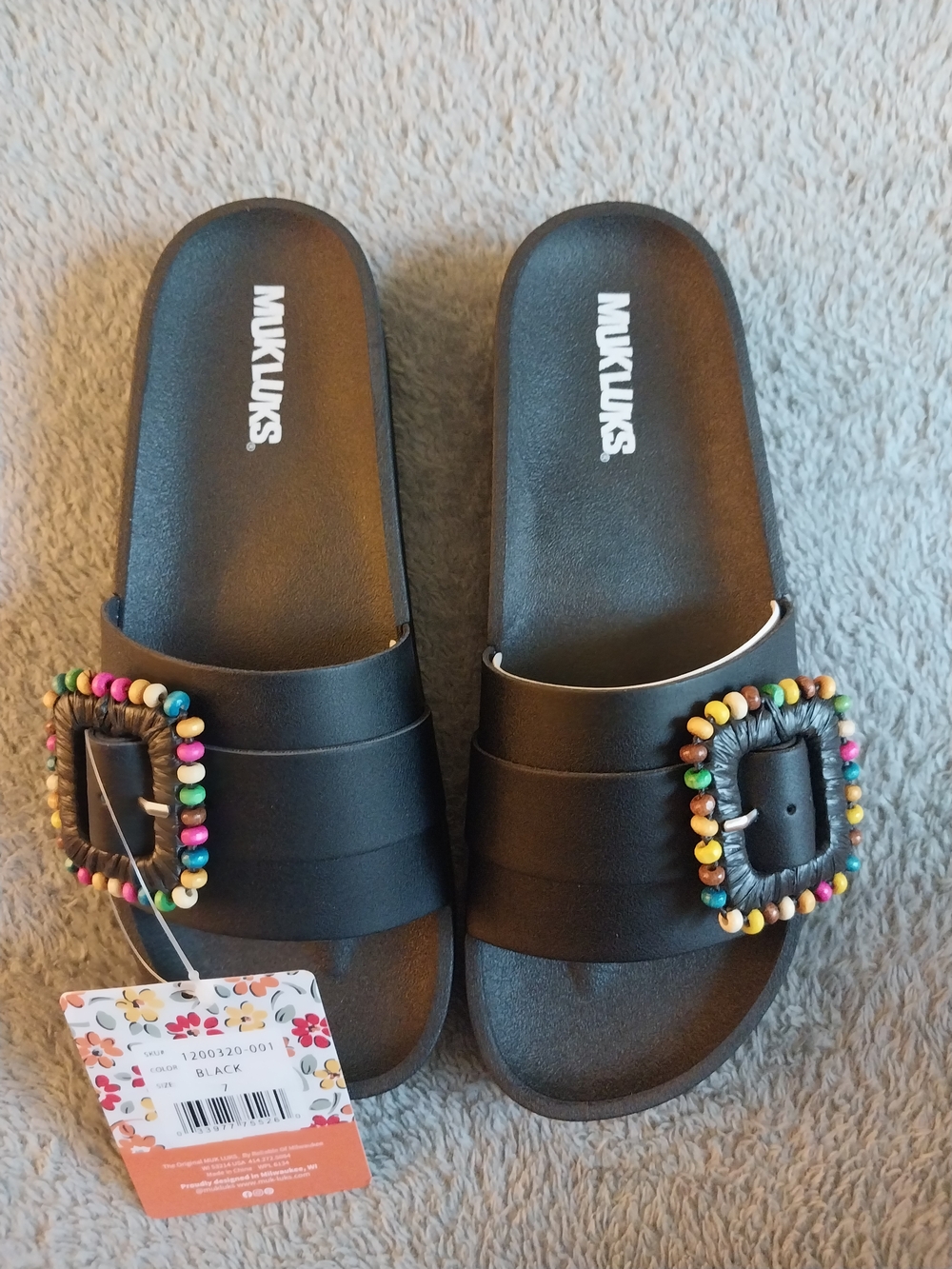 Muk Luks Black Slide Sandals with Colorful Beaded Buckles